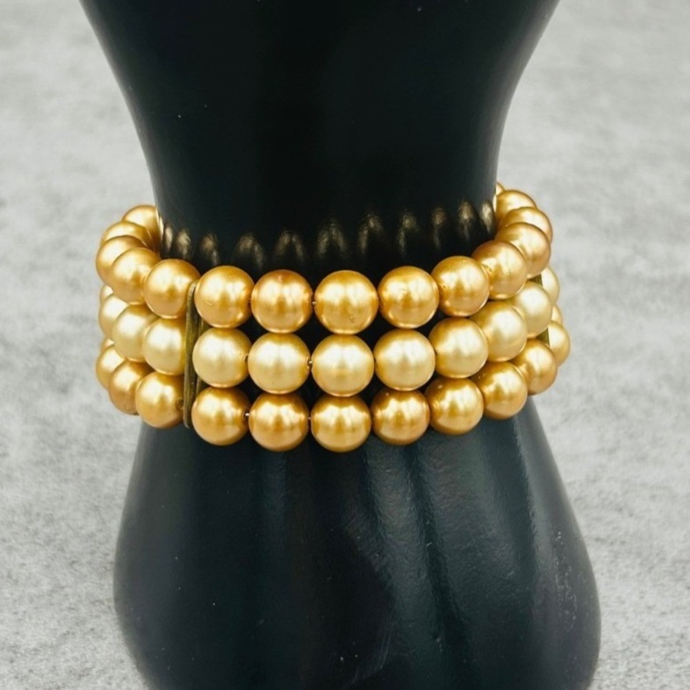 Gold-Tone Faux Pearl Triple Strand Stretch Bracelet Y2K Chic